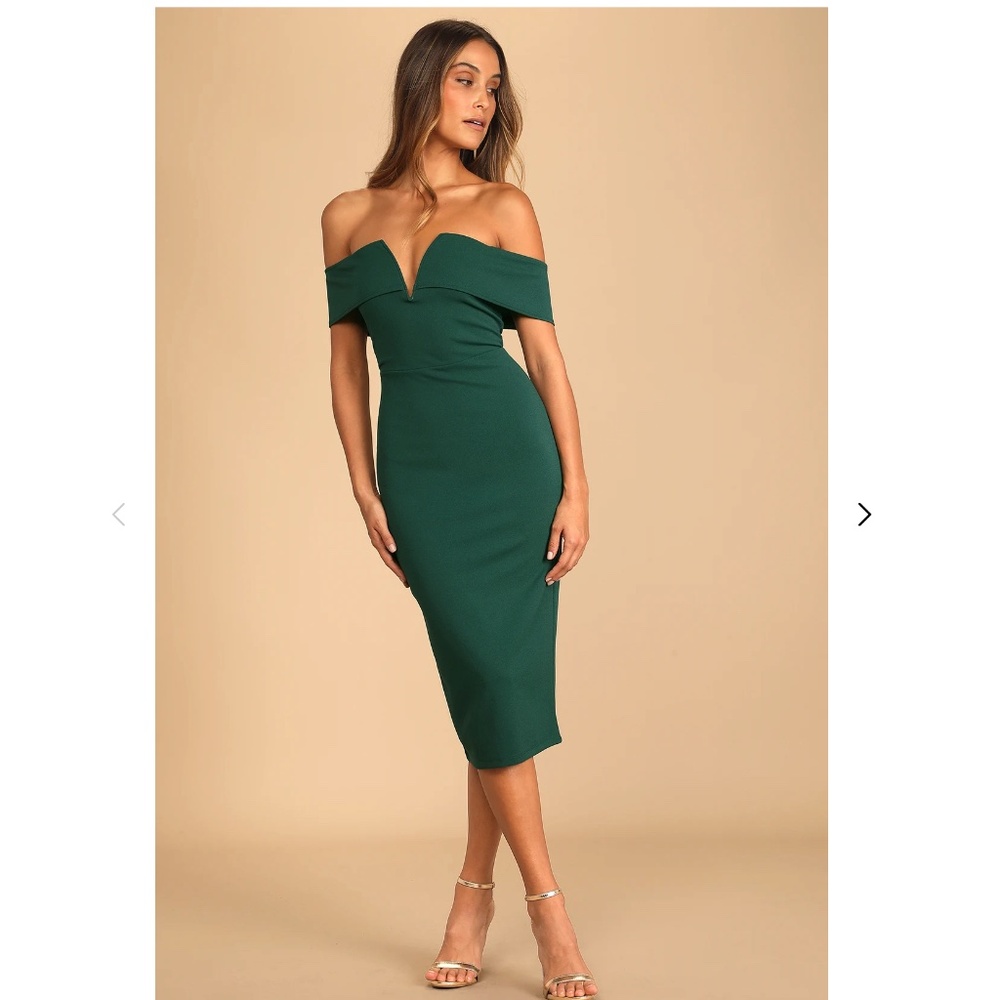 Lulu My Favorite Night Dark Green Off-the-Shoulder Bodycon Midi Dress